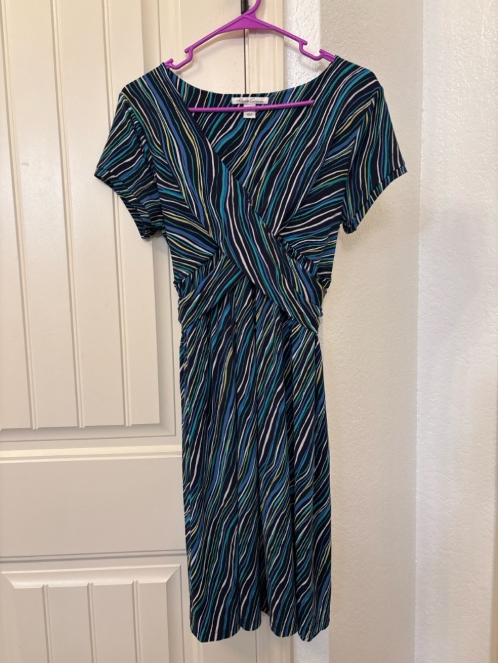 Kenneth Cole New York Dress Medium Blue Striped Tie Back Waist Short Sleeve